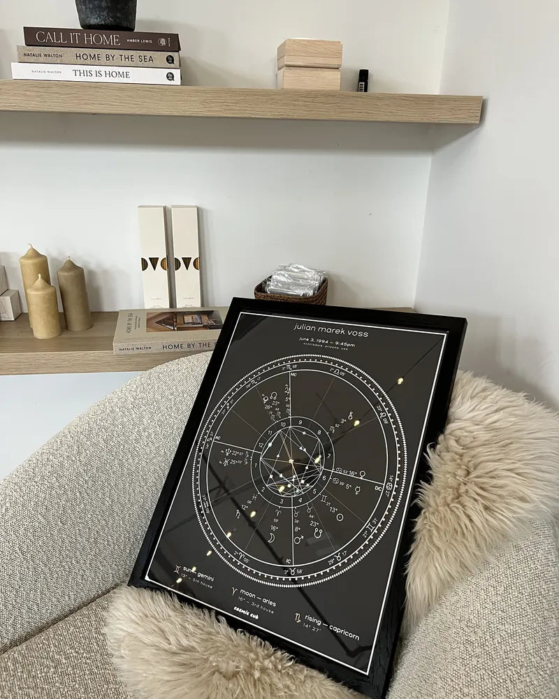 A framed midnight birth chart print leaning on a bone armchair beside a sheepskin.